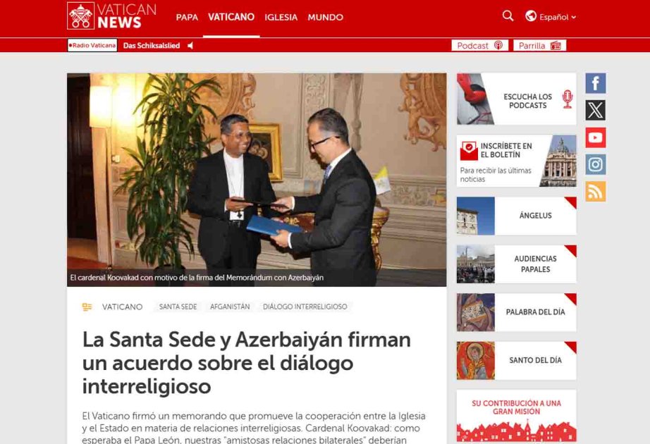 Vatikan və İtaliya mediası Azərbaycanın Dövlət Komitəsi ilə Müqəddəs Taxt-Tacın imzaladığı sənədi geniş işıqlandırıb