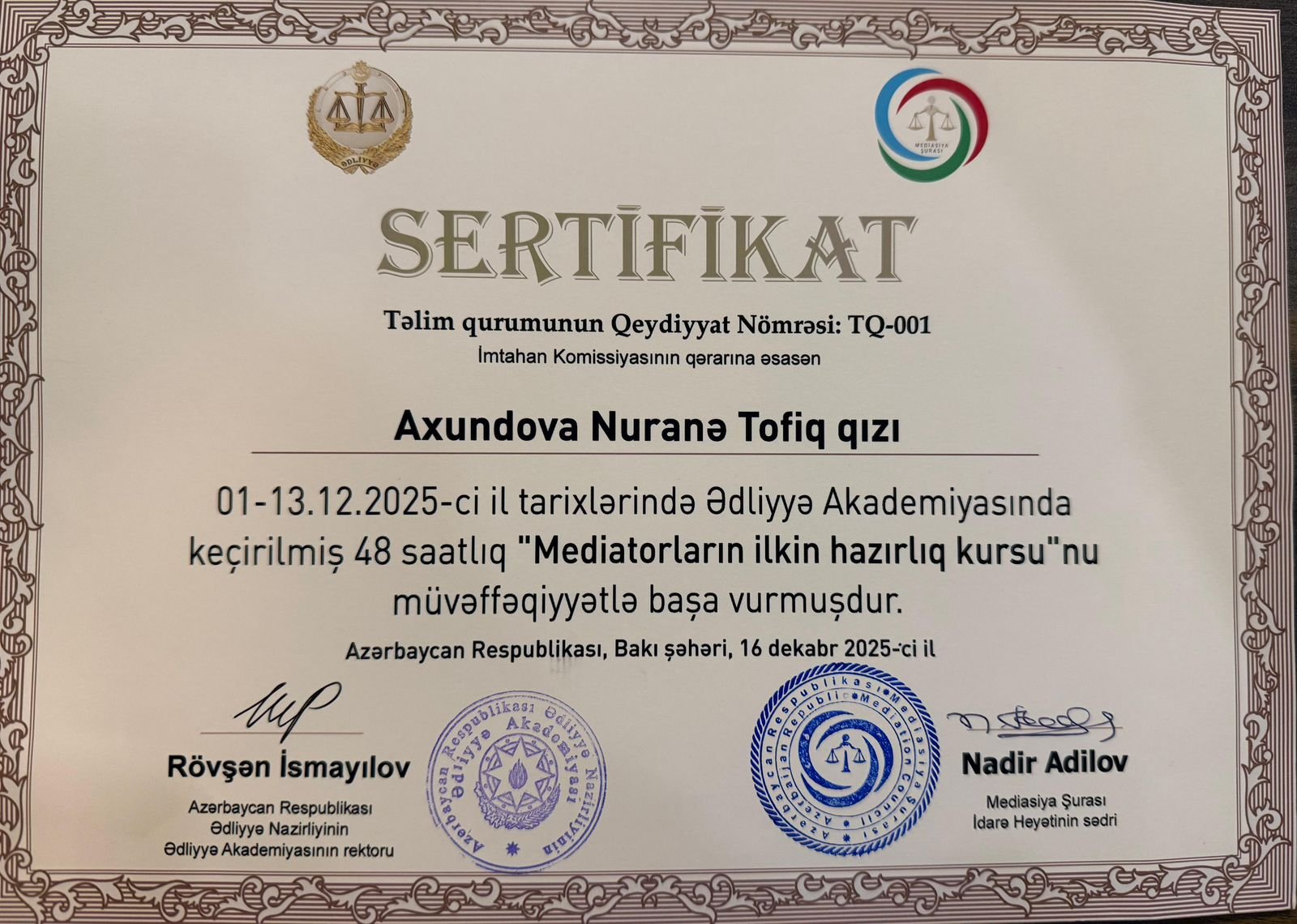 Nuranə Axundova mediator kimi fəaliyyətə başladı